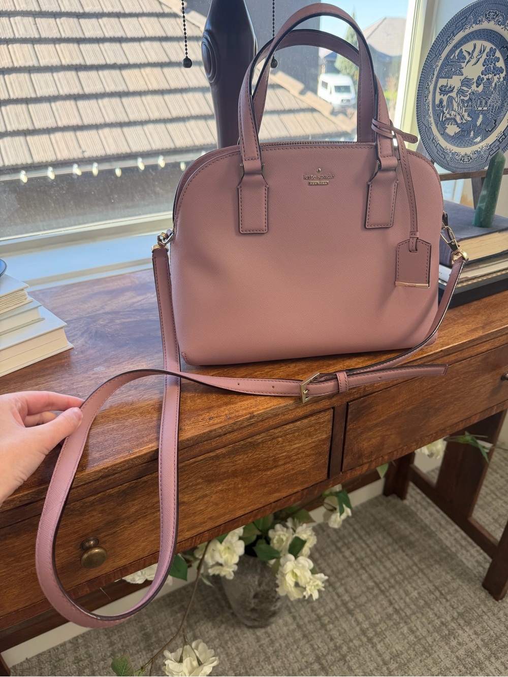 kate spade mauve pink leather satchel with crossbody strap *like new!*
